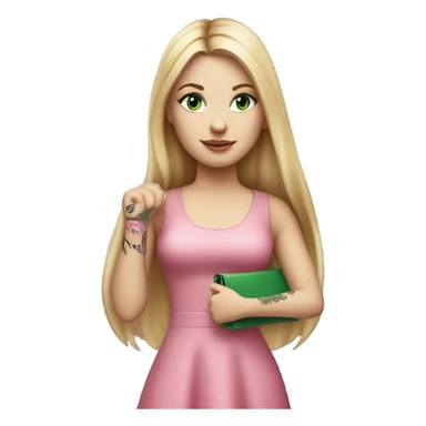 Realistic White girl with Long straight blonde hair, green eyes, tattoos, full body wearing pink dress, holding pink handbag sticker