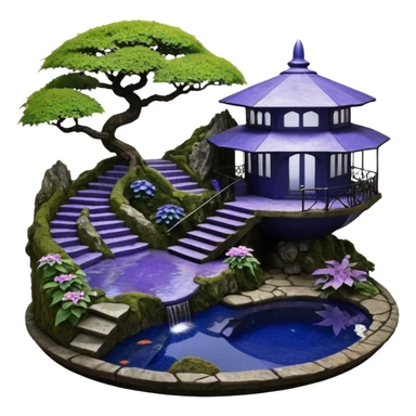 Alien saucer poolhouse jungle-vines precarious narrow stairway fountain koi pond mountainside -island getaway nighttime landscape antique mudman very old broken cracked intricate Stone Age lapis-crusted irregular dodecagon-shaped shallow dark moss rough bark violet serissa flowered maple tree bonsai sticker