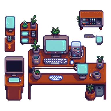 tech lab with computers and gadgets in pixel art style sticker