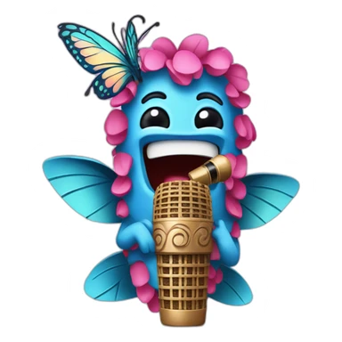 Cartoon Blue and pink tiki singing with butterfly and mikrophone sticker