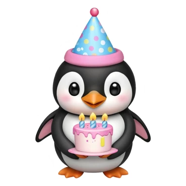 cute penguin  hold a birthday cake in both arms with pink birthday hat sticker