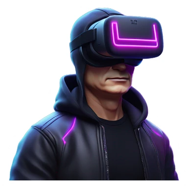Vladimir Putin wearing a black hoodie with "OMG" letters on it and VR headset oculus quest 2 in a cyberpunk VR environment with violet neon lighting. sticker
