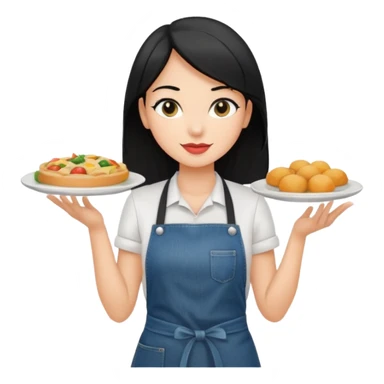 waitress with black hair and a food plate with a black tshirt and ª jeans apron sticker