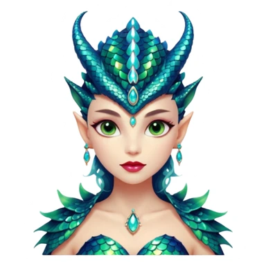 A gorgeous dragon woman with glittering jeweled scales covering her body and face. She has large almond shaped eyes, lush lips, and she wears a stunning luminescent gown. sticker
