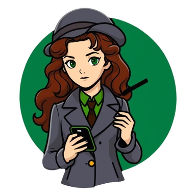 Green eyed long, wavy Auburn hair, beautiful young woman in a detective Sherlock Holmes outfit with a cell phone in her hand ￼ sticker