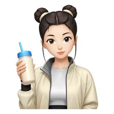 Japanese girl with cream jacket drinking pre workout shake middle part slick back bun sticker