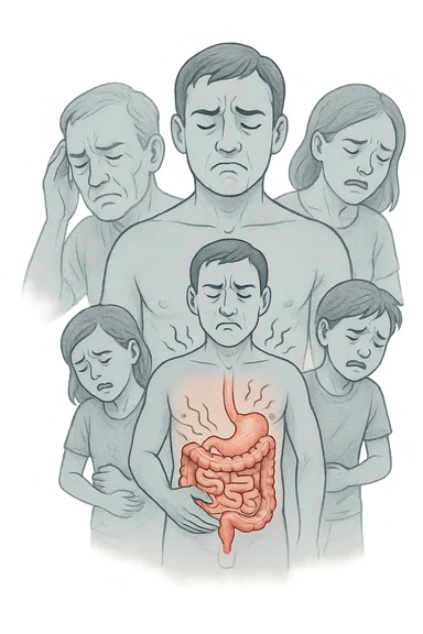 UNA SFILZA DI PARENTI TUTTE MALATE DI CANCRO AL COLON, SI TRAMANDO IL CANCRO NELLE GENERAZIONI, INTESTINO ANATOMICO VISIBILE ED ESPRESSIONE DI DOLORE IN VOLTO, MAL DI PANCIA sticker