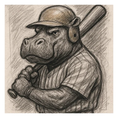 hippo holding a baseball bat, wearing a yellow helmet, pinstripes outfit sticker