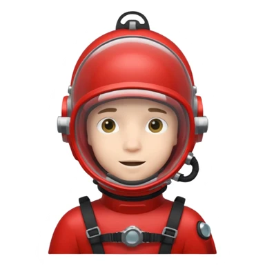 a boy  wearing a red scuba diving helmet with glass visor sticker