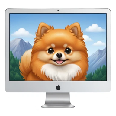 iMac monitor with a Pomeranian dog photo displayed on screen sticker