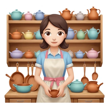 cartoon Apple iOS emoji style woman, pastel colors, Chilean wooden kitchen background, clay pots, warm light, detailed and clean vector art sticker