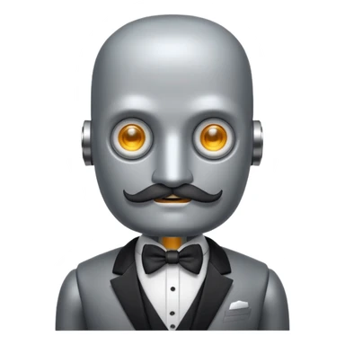 Gray Robot with a square head, no hair, thick handlebar moustache, headlight eyes, wearing a tuxedo, buff sticker