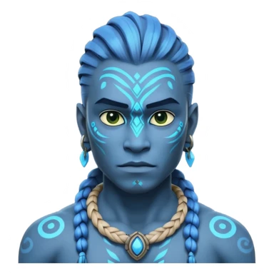 avatar-style Na’vi male portrait, head and shoulders only, blue skin, bioluminescent markings, strong face features, braided hair, tribal necklace, heroic expression, 3D cartoon, mobile game icon style, clean background, no text, no watermark
 sticker
