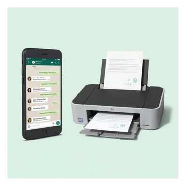 realistic thumbnail for a WhatsApp print out service, featuring a phone on the left with WhatsApp open, showing a chat with multiple file types, and a printer on the right printing out those files, on a simple background sticker