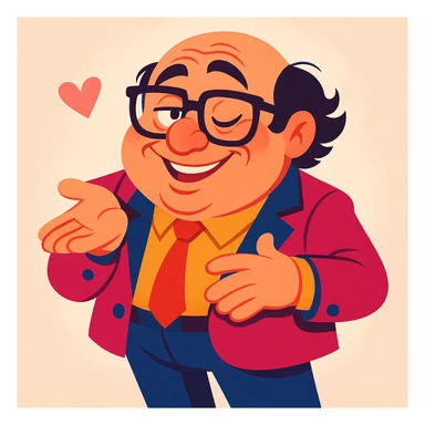 Danny DeVito as a suave, flirtatious cartoon, stylish outfit, playful smile, soft background sticker