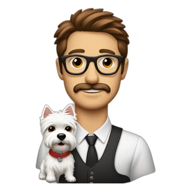 Hombre con gafas con montura roja con un perro westie sticker
