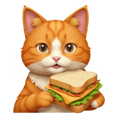 cute orange cat portrait, head and shoulders only, biting a sandwich, funny expression, 3D cartoon, mobile game icon style, clean background, no text, no watermark sticker