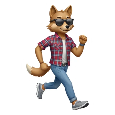 friendly anthropomorphised wolf in jeans and plaid shirt, wearing dark sunglasses, jogging upright in relaxed pose sticker