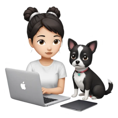 Asian girl with messy bun hair, wearing a white t-shirt, working on an Apple laptop, next to her is a small black and white dog sticker
