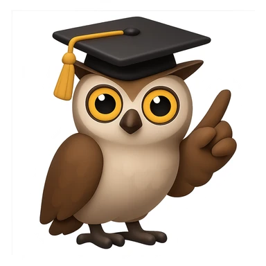 В стилистике эмоджи сгенерируй сову, со шляпой выпускника университета, крылом она мудро показывает вверх, чтобы она своим видом иллюстрировала мудрость и опыт, прозрачный фон sticker