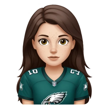 White girl with long darkish brown hair and freckles wearring a Philadelphia eagles jersey sticker
