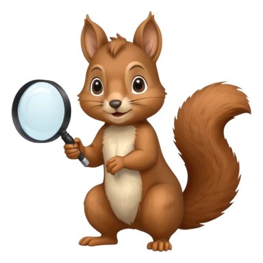 realistic squirrel emoji, small brown animal with bushy tail, large cheeks, small upright ears, pointed snout, holding a huge magnifying glass sticker