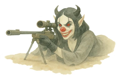 Evil clown assassin, prone and aiming a sniper rifle, watercolor art style, soft edges, flowing colors, artistic, transparent background. sticker