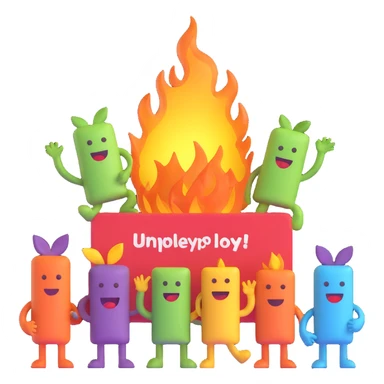 3D emoji-style group of creative characters with unique accessories gathered around the words 'unemployd retards', radiating playful mischief sticker