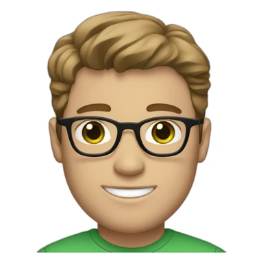 white man with medium brown hair wearing glasses, with green eyes, with freckles and braces sticker