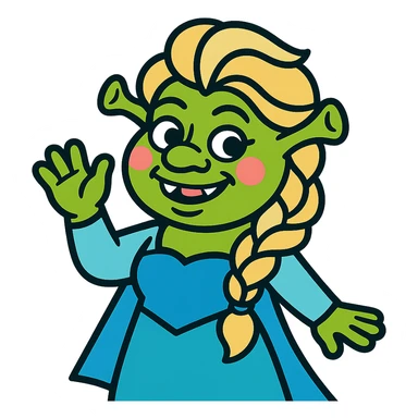 Elsa and Shrek fusion, cartoon style, playful expression sticker