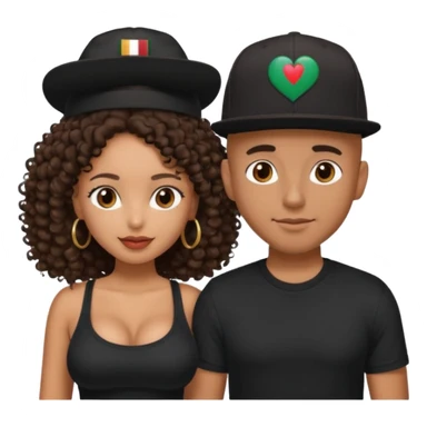 A picture of a loving tanned couple. the guy is Mexican, with a bald hair cut and he has a SnapBack hat on. The girl is mixed, the girl is wearing a black shirt, the girl has brown curly big hair and the girl has big boobs  sticker