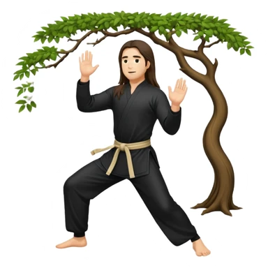 pratiquant de qi gong, homme aux cheveux long, en position de l'arbre, en tenue noire ou blanche. L'image ne contiendra pas d'arbre sticker
