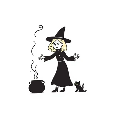 A detailed illustration of a blonde witch with a black cat, casting a spell sticker