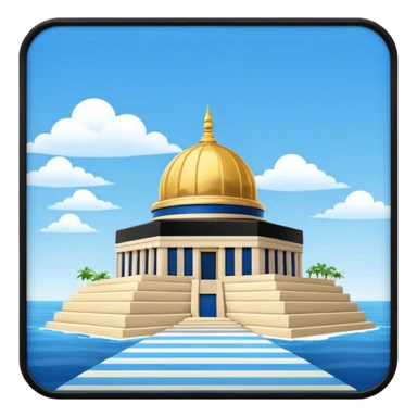 epstein island cubic temple with blue horizontal stipes on the side and a goldon dome on top sticker