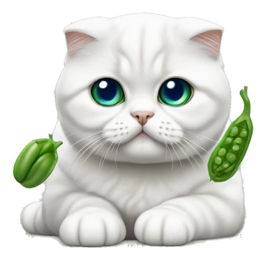 White Scottish fold with blue eyes with a green bean sticker