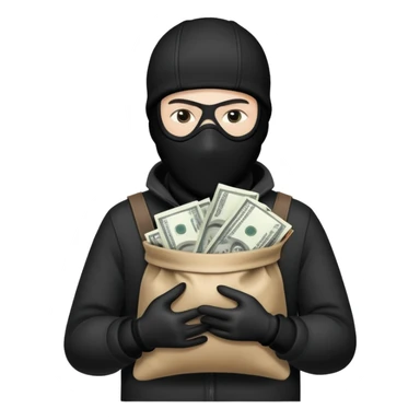 Ski mask holding money bag with white face like skin color black sticker