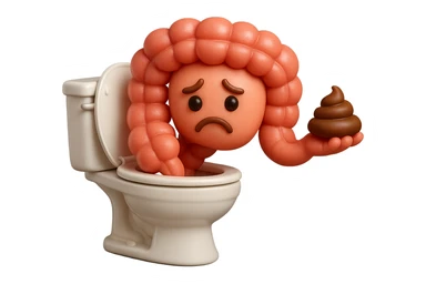 emoji stile iphone di un intestino realistico 3d che esce dal wc con in mano una montagnetta di feci con espressione triste a palline, iperrealistico 4k sticker