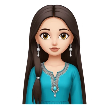 generate a pretty bratz girl wearing a kurti, eyeliner on, long straight hair, silver jhumkas in ear sticker
