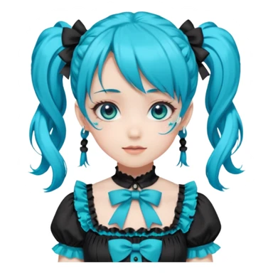 anime-style female character with bright turquoise hair styled in twin tails and matching blue eyes. Her outfit is a frilly turquoise and black dress in a Lolita-esque style, heavily contrasted with black ribbons and trim. A key detail is the "AWP" logo in black on the chest. VERY happy variant sticker