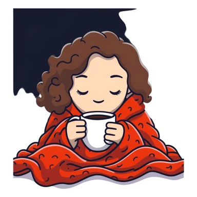 White girl with curly brunette hair inside a blanket sipping coffee with eyes closed, cozy winter morning sticker