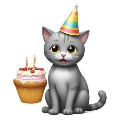 grey cat sitting holding a cake wearing a party hat sticker