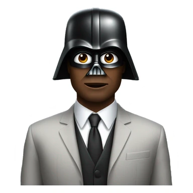 confident man in a suit with Darth Vader helmet on head sticker