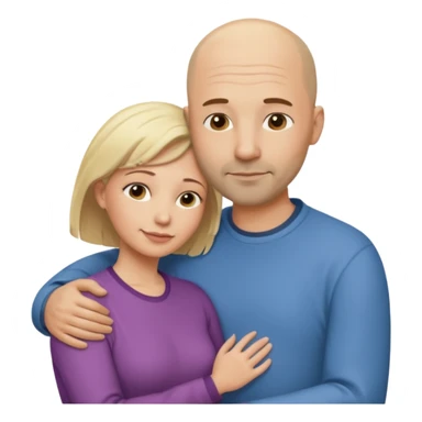 A 40-year-old couple embraces in a tender embrace. In casual attire. He is bald with a dark, stubble. She is a head shorter than him, and blonde. sticker