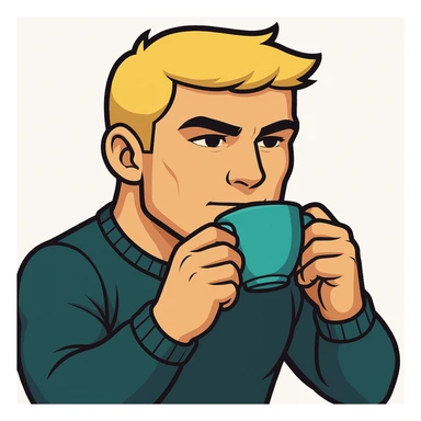 Make the long blonde male sipping tea emote appear more masculine, with stronger jawline, more defined facial features, and a slightly broader build in sticker style sticker