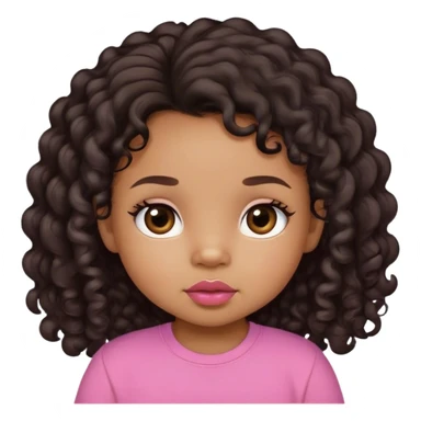light brown skin tone, very adorable toddler, with big plump lips, long long lashes, black curly long hair, brown eyes, pink shirt sticker