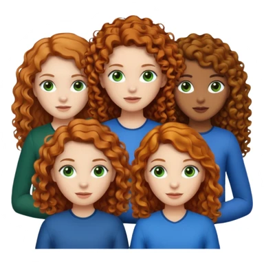 Make me 3 girls. One with medium size curly ginger hair, white skin and green eyes,  one with long curly dark brown hair with a little just a little darker skin and brown eyes,  and one with white skin and straight dark blonde hair and blue eyes  sticker