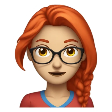 female with long bright red hair and glasses angry with blue eyes and red shirt sticker