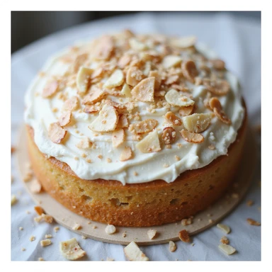 realistic round cake with coconut frosting and toasted coconut flakes, photorealistic style sticker