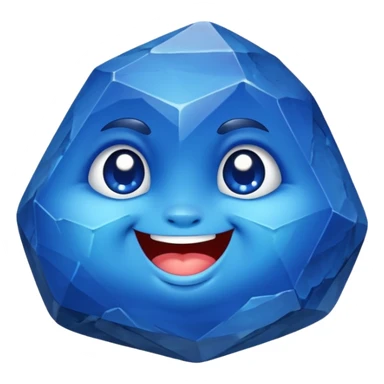 A single chubby gemstone rock character, bright sapphire blue, very rock-like with chunky irregular facets and a slightly rough stone texture, big glossy eyes and a happy smile sticker