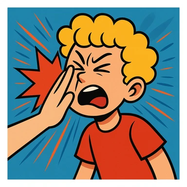 a blond white boy with curls getting slapped in the face, expressive cartoon style, dynamic motion lines, vibrant toon style sticker